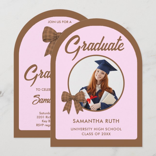 Invitation Brown Gingham Bow Arch Photo Graduation Party (Devant / Derrière)