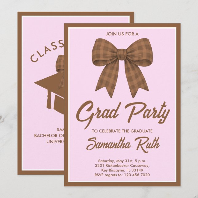 Invitation Brown Gingham Bow Graduation Party (Devant / Derrière)
