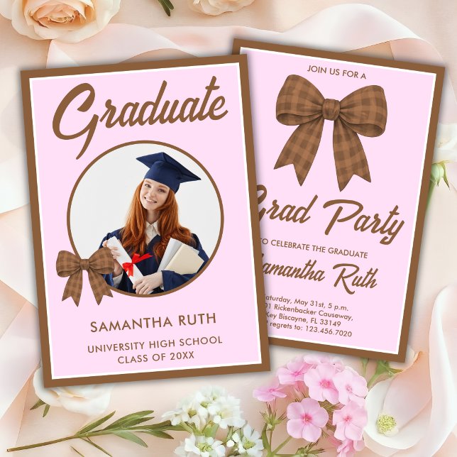 Invitation Brown Gingham Bow Photo Graduation Party (Créateur téléchargé)