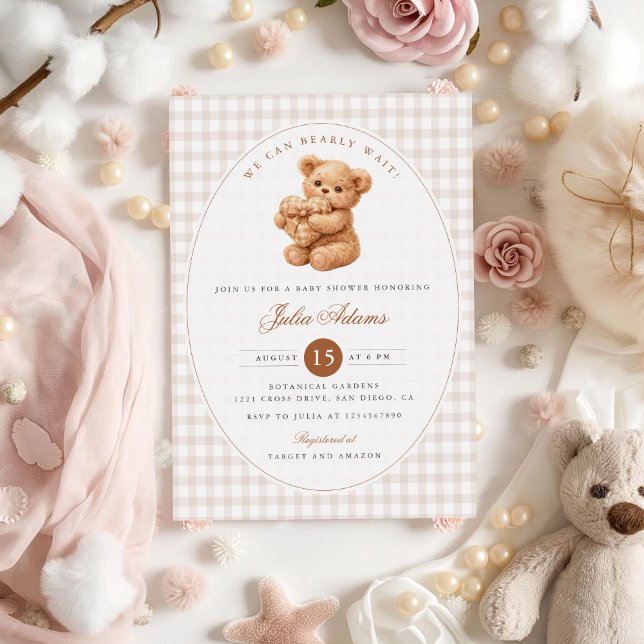 Invitation Brown Gingham Teddy Bear Neutral Baby Shower Paper (Créateur téléchargé)