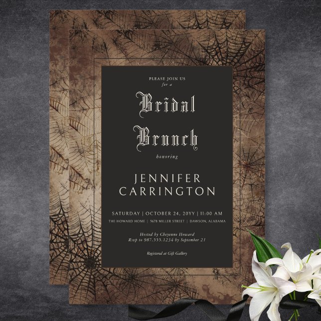 Invitation Brown gothique foncé et araignée noire Web Bridal  (Dark Gothic Brown & Black Spider Web Bridal Brunch Invitation)
