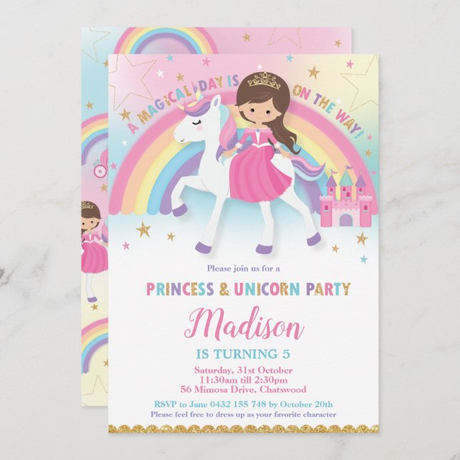 Invitation Brown Hair Princess et Unicorn Anniversaire Party (Devant / Derrière)