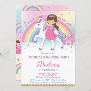 Invitation Brown Hair Princess et Unicorn Anniversaire Party