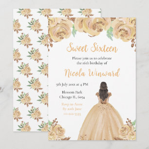 Invitation Brown Hair Princess Peach Floral Sweet sixteen