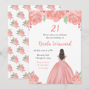Invitation Brown Hair Princess Pink Floral fête d'anniversair