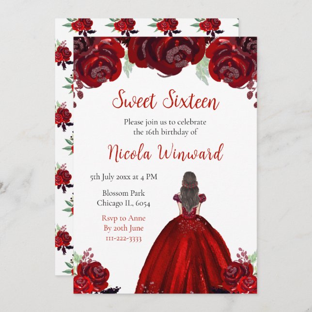 Invitation Brown Hair Princess Red Floral Sweet sixteen (Devant / Derrière)