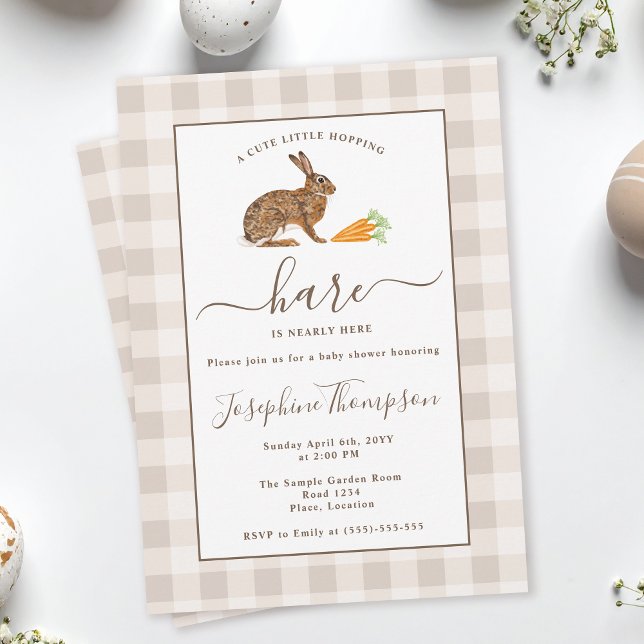 Invitation Brown Hare On Beige Gingham Easter Baby Shower (Créateur téléchargé)