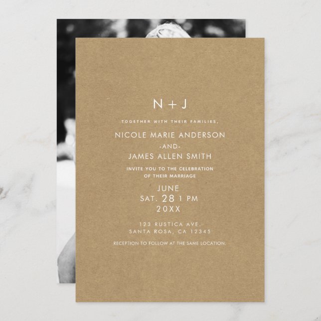 Invitation Brown Kraft Rustic Minimal moderne Mariage photo (Devant / Derrière)