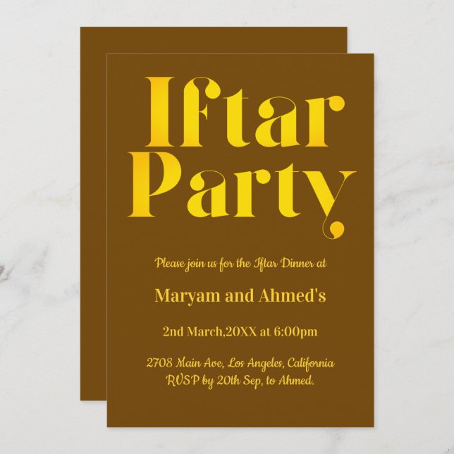Invitation Brown moderne et Gold Iftar Party (Devant / Derrière)