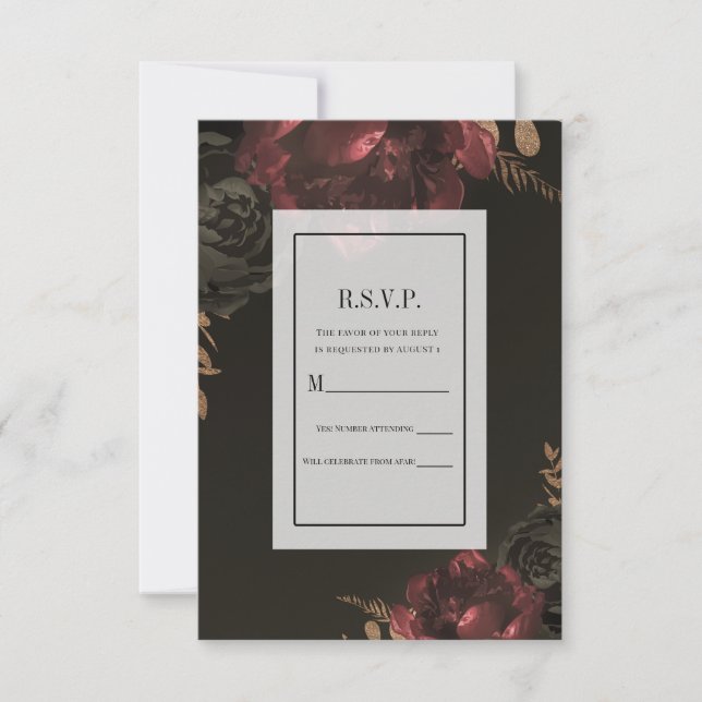 Invitation Brown Moody Dark Floral Gold Greenery Réponse RSVP (Devant)