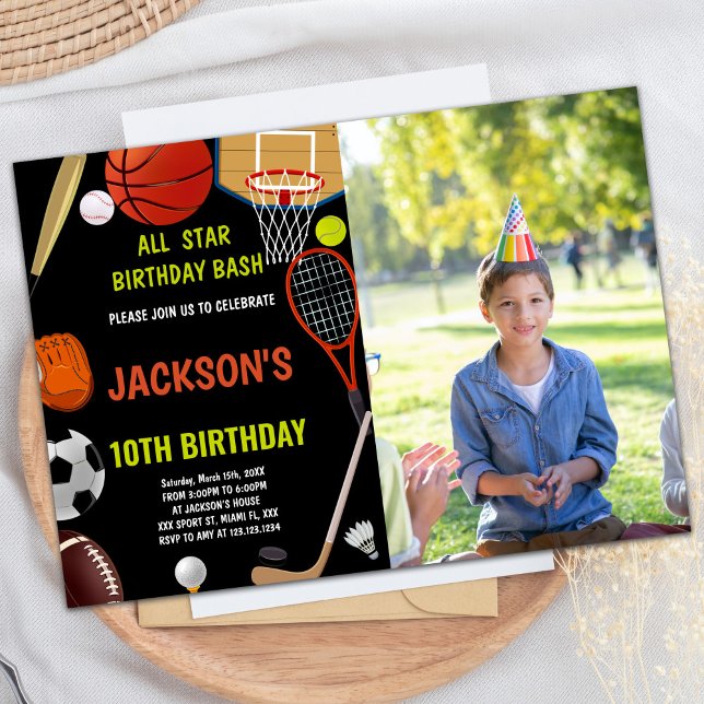 Invitation Brown Orange Black Photo Sports Anniversaire (Brown Orange Black Photo Sports Birthday Invitation)