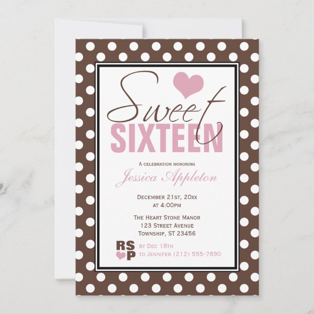 Invitation Brown Polka Dot rose Chevron Sweet sixteen (Devant)