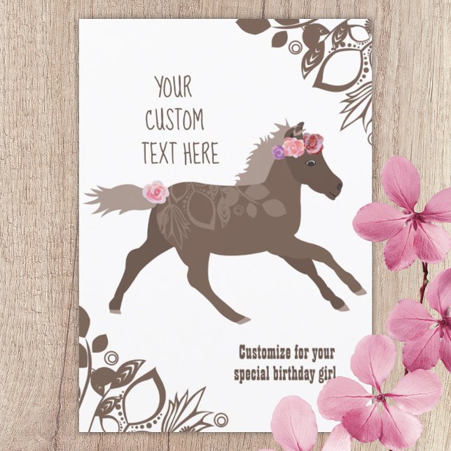 Invitation Brown, Pony Galloping Rose, Fête d'Anniversaire (brown pony wearing pink roses on head and tail pony ride birthday party invitation)