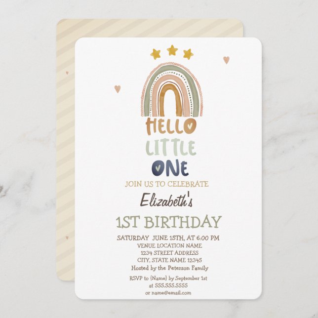 Invitation Brown Rainbow Stripes Hello Little One Birthday (Devant / Derrière)