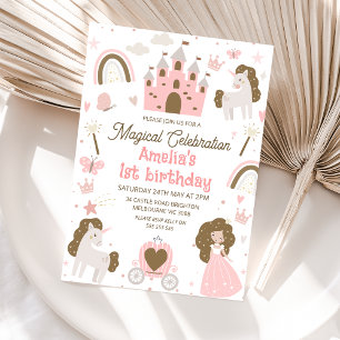 Invitation Brown rose Princesse Unicorn 1er anniversaire