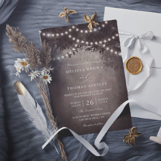 Invitation Brown Rustic Tree String Lights QR Code Wedding (Créateur téléchargé)