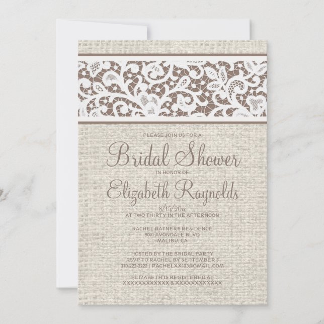 Invitation Brown Rustique Burlap Linen Douche nupt (Devant)