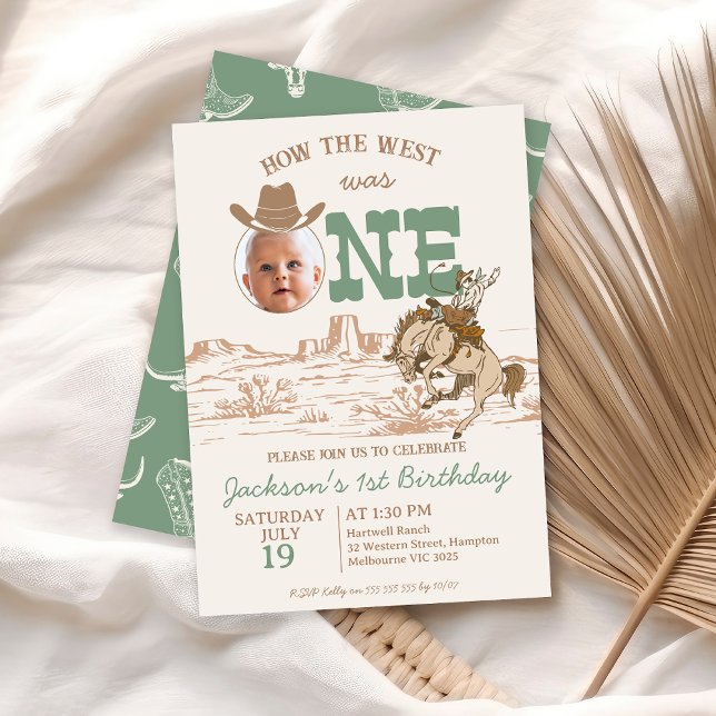 Invitation Brown Sage Boys Comment L'Occident A Été Un Premie (Sage Green Brown How The West Was One 1st Birthday Invitation Boy Cowboy Western Bronco Photo Invite)
