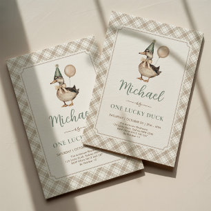 Invitation Brown Sage One Lucky Duck Balloon 1er anniversaire