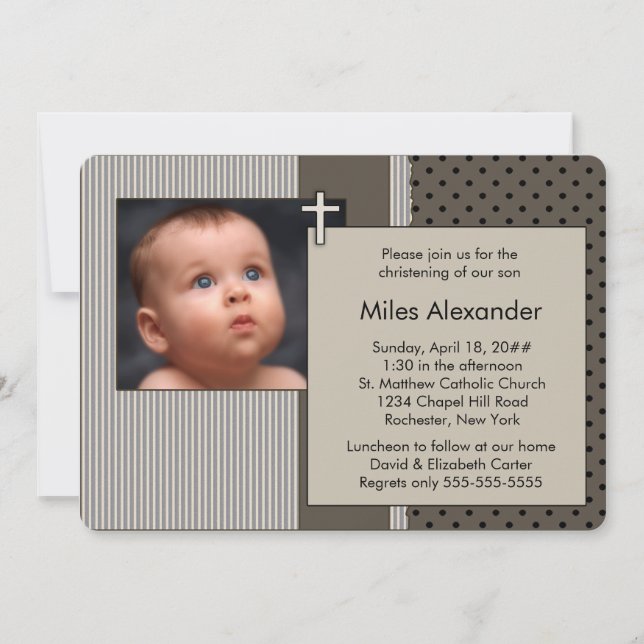 Invitation Brown Stripe Boys Photo Christening (Devant)