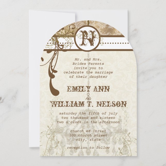 Invitation Brown Swirl Vintage Chandelier Damask Votre photo (Dos)