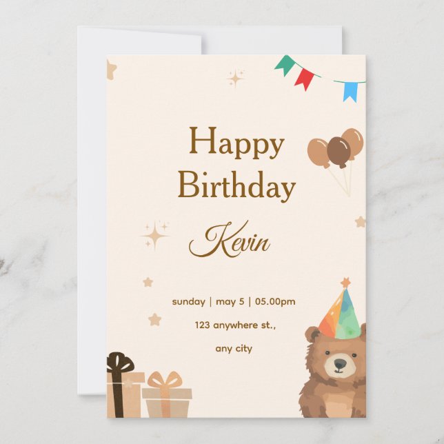 Invitation Brown Teddy Bear Birthday Invitation,Cute Neutral  (Devant)