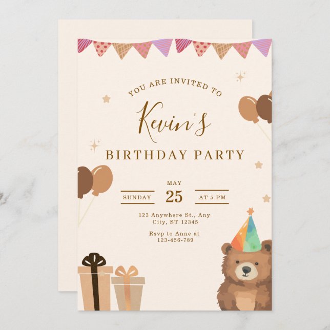 Invitation Brown Teddy Bear Birthday Invitation, Cute Neutral (Devant / Derrière)