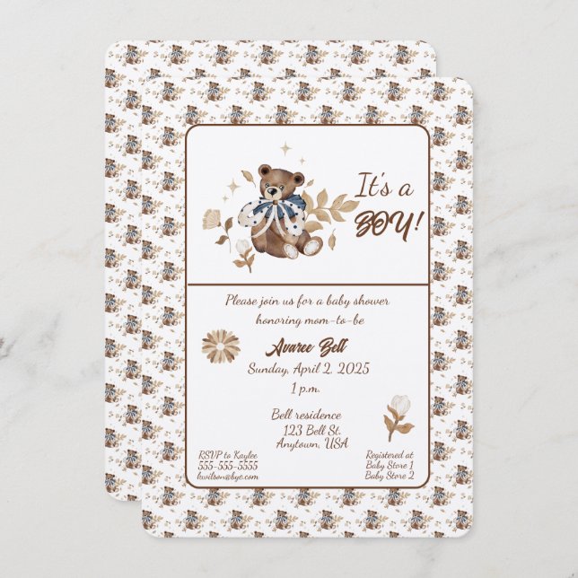 Invitation Brown Teddy Bear C'est un garçon ! Douche (Devant / Derrière)
