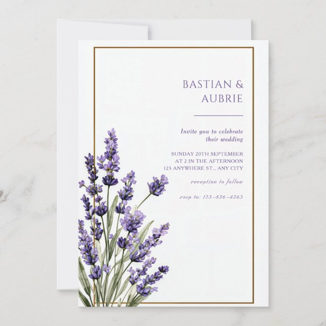 Invitation Brown Thin Frame Purple Lavender Sprig Wedding (Devant)