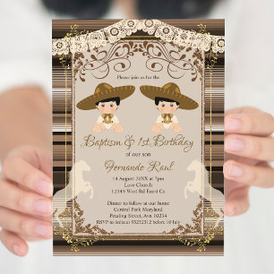 Invitation Brown Twins Fiesta Baptême et premier anniversaire
