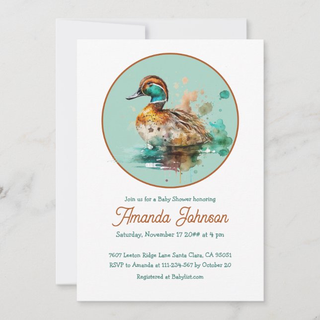 Invitation Brown Vert Cerclé Cadre Mallard Baby shower Canard (Devant)