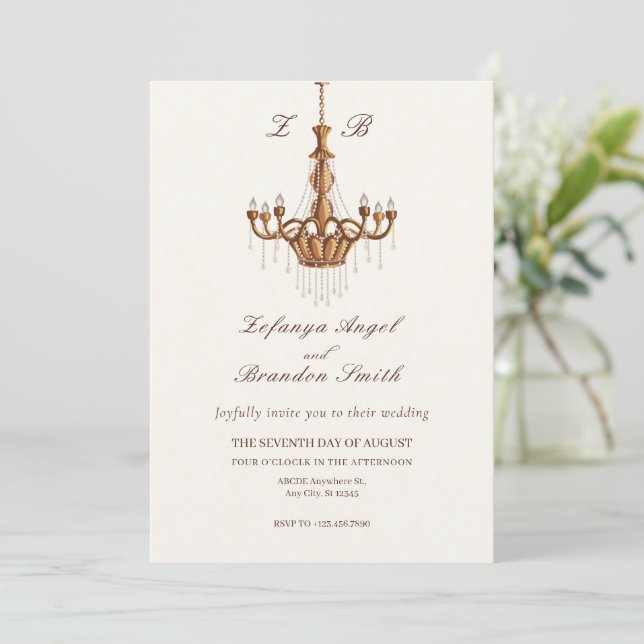 Invitation Brown vintage lustres mariage (Debout devant)