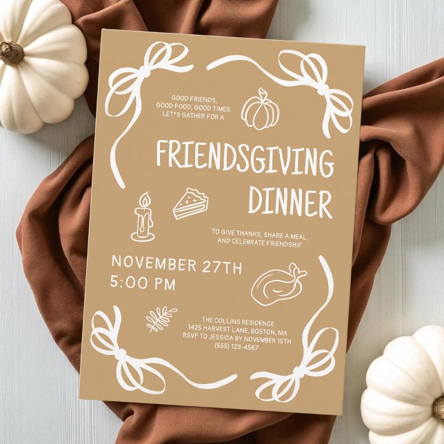 Invitation Brown Whimsical Main Draendsgiving Friendsgiving D (Brown Whimsical Hand Drawn Friendsgiving Dinner Invitation)