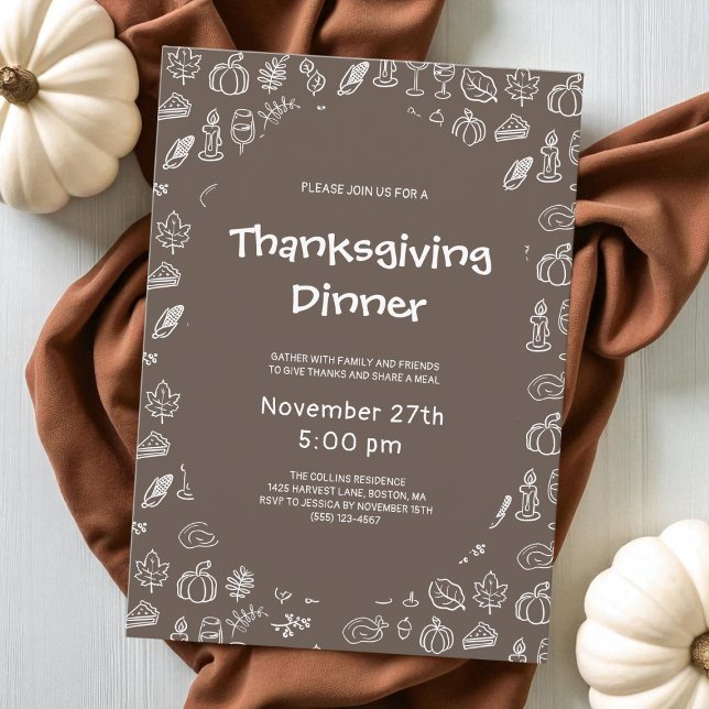 Invitation Brown Whimsical Main tiré Thanksgiving Party (Brown Whimsical Hand Drawn Thanksgiving Party Invitation)