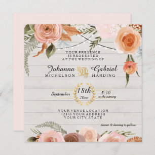 Invitation Broyage Floral Rustique Feuilles de bois blanc