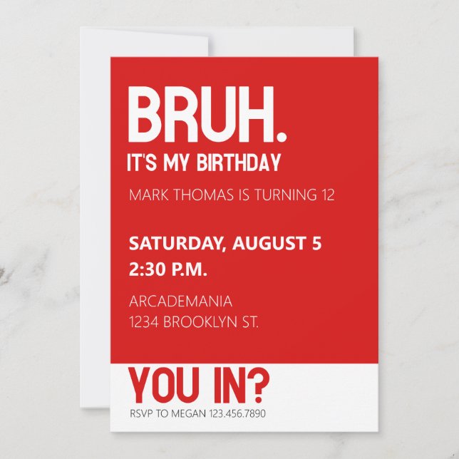 Invitation BRUH ANNIVERSAIRE ADO GARY RED Minimalist (Devant)