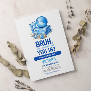 Invitation BRUH Blue Pool Party Boy Anniversaire
