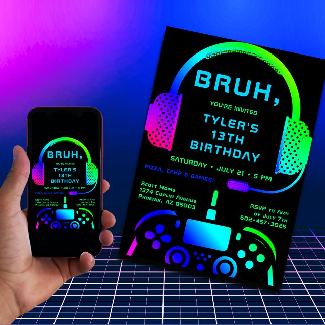 Invitation Bruh Boy Ado Anniversaire Neon Video Game Party (The number can be changed to any age.)