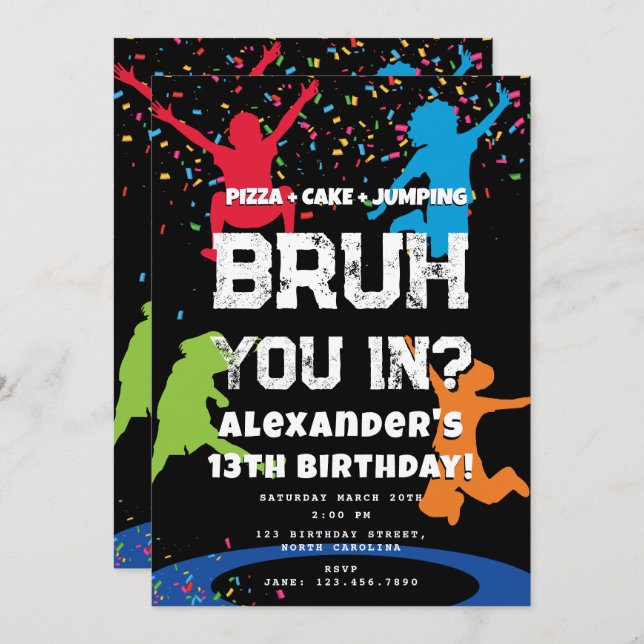 Invitation Bruh Boy's Birthday Party Teenager Jump Trampoline (Devant / Derrière)