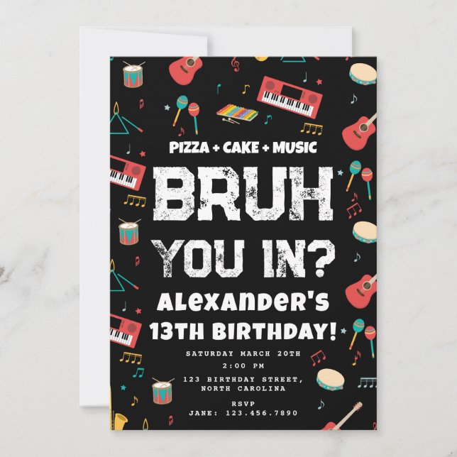 Invitation Bruh Boy's Birthday Party Teenager Music Band (Devant)