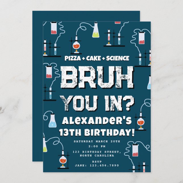 Invitation Bruh Boy's Birthday Party Teenager Science Theme (Devant / Derrière)