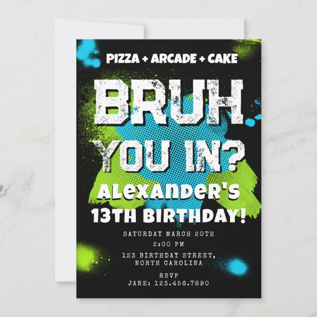 Invitation Bruh Boy's Birthday Party Teenager Teen Boy Neon (Devant)