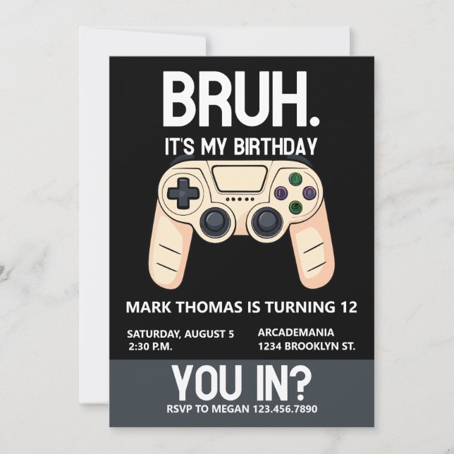Invitation BRUH fête d'anniversaire Arcade Gamer Ado Boy (Devant)