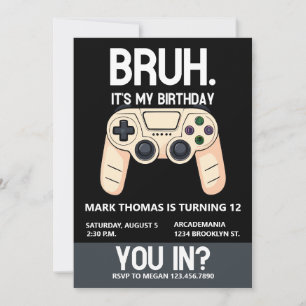 Invitation BRUH fête d'anniversaire Arcade Gamer Ado Boy