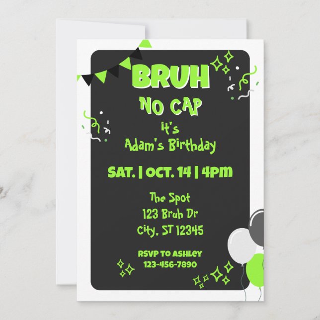 Invitation Bruh No Cap, Anniversaire Noir & Vert (Devant)