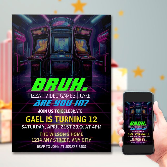 Invitation Bruh, Tu Es Dans ? Neon Arcade Jeux Vidéo Garçon A (Créateur téléchargé)