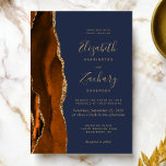 Invitation Brûlé Orange Agate Or Mariage bleu marine<br><div class="desc">Le bord gauche de cette élégante faire-part de mariage moderne est orné d'une bordure d'aquarelle orange brûlée, recouverte d'une parties scintillant en faux or. Le texte personnalisable combine écriture manuscrite couleur or, copperplate et polices italiques sur un arrière - plan bleu marine foncé. L'envers est assorti d'une agate orange brûlée...</div>
