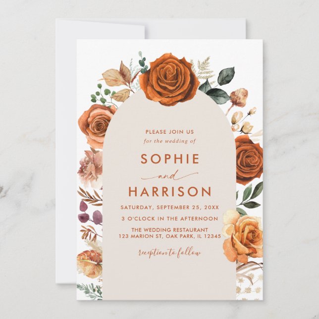 Invitation Brûlé Orange Arch Floral Rouille Mariage Tout en u (Devant)