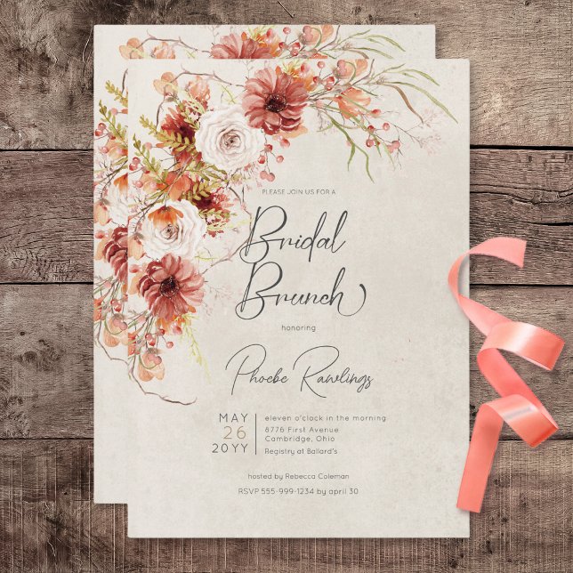 Invitation Brûlé Orange & Crème Boho Floral Bridal Brunch (Burnt Orange & Cream Boho Floral Bridal Brunch Invitation)