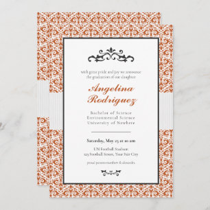 Invitation Brûlé Orange Damask Pattern Photo Graduation